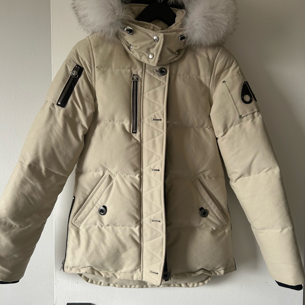 Moose Knuckles Light Tan Puffer Jacket with Fur Hood